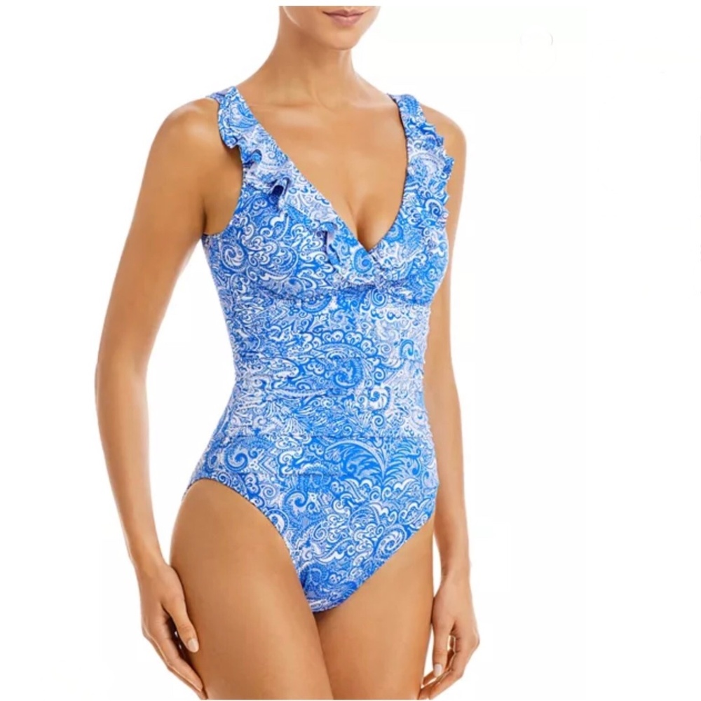 $150 Lauren Ralph Lauren Paisley Blue White One Piece Swimsuit Shirred Ruffle 12
